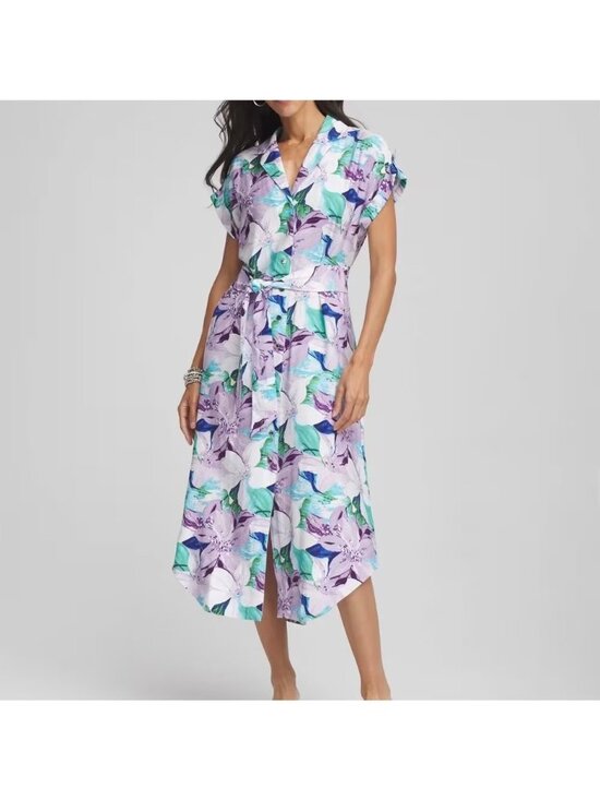 Chico's Dresses & Skirts - Chicos Women Midi Dress Size XL Floral Belted Shirtdress Tropical Boho Resort